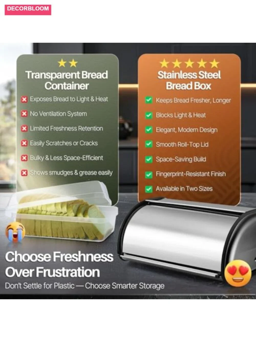 Stainless Steel Airtight Bread Box 13 Inch Roll Top Kitchen Counter Storage